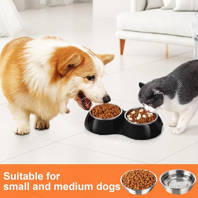 Stainless Steel Dog Bowls Set – Dual Non-Slip Pet Dishes with 2 Small (1 Cup*2) Bowls & Durable Resin Stand – Food & Water Feeder for Puppies, Cats, and Medium Dogs – Black