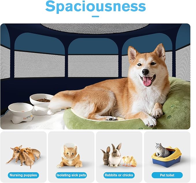 Dog Playpen, Pet Playpen, Portable Cat Playpen, Pop Up Foldable Puppy Playpen Exercise Kennel Tent with Carry Case Collapsible Bowl,Water-Resistant Shade Cover for Indoor Outdoor Travel (Extra Large)