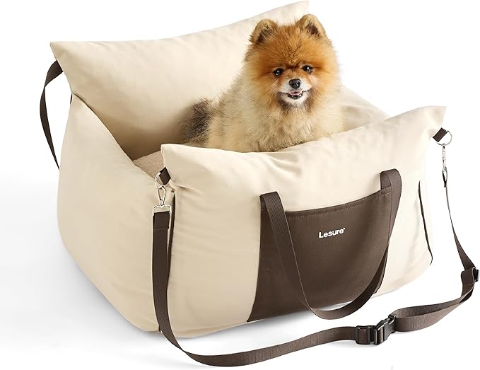 Lesure Small Dog Car Seat for Small Dogs - Dog Booster Seat for Car with Waterproof Bottom, Clip-On Safety Leash and Thickened Memory Foam Filling, Pet Carseat Puppy Travel Carrier Bed, Beige