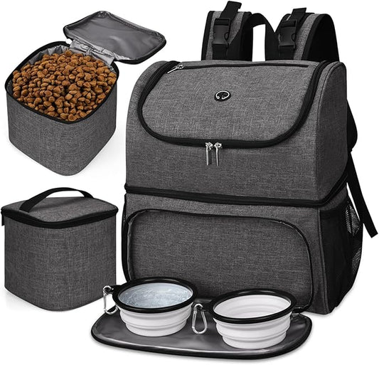 BAGLHER Pet Travel Bag, Double-Layer Pet Supplies Backpack (for All Pet Travel Supplies), Pet Travel Backpack with 2 Silicone Collapsible Bowls and 2 Food Baskets Grey