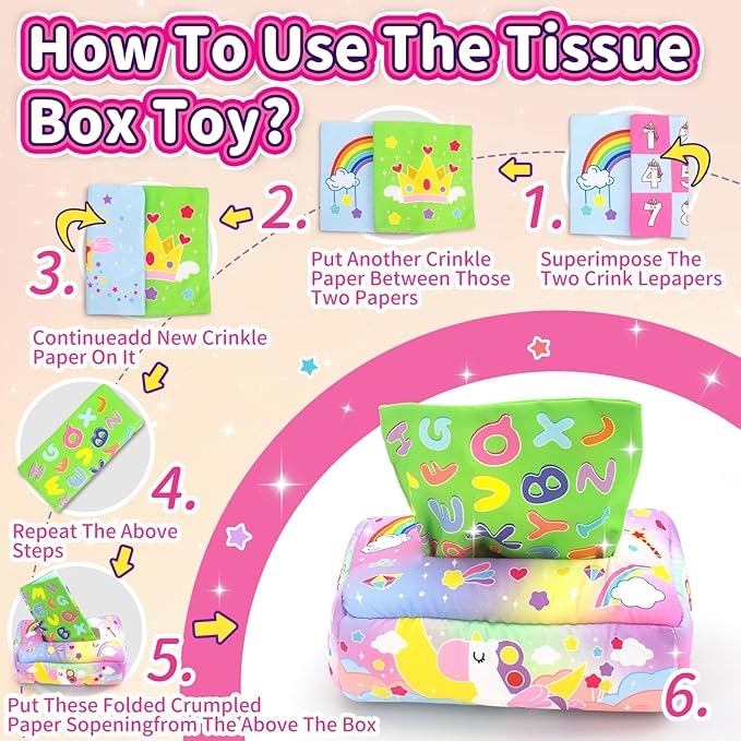 Baby Toys 6 to 12 Months - Tissue Box Toy, Tissue Learning Toys with Alphabet Number Color Sound, Baby Sensory Toy Gifts for 6 9 12 18 Months Old