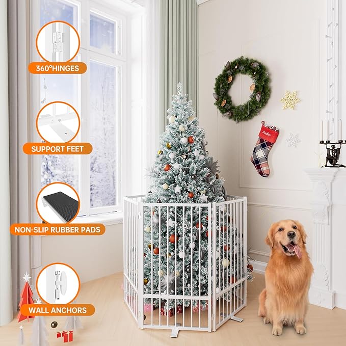 Full Metal Freestanding Dog Gate with Door, 36''Height Foldable Pet Dog Fence for Indoor & Outdoor, 6 Panels Extra Wide Free Standing TallDog Gates for Doorways,House,Stairs,Porch,Deck,Yard