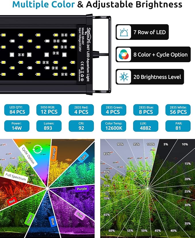 LED Aquarium Light, 24/7 Custom Timer, Power-Off Memory,7-Row LED 12-18in Full Spectrum Fish Tank Light, 8 Colors, 20 Brightness, Day&Night Cycle, Adjustable Mount for Freshwater Plant Growth