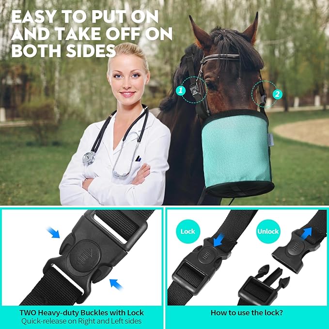 Horse Feed Bag 2 Pcs, Mesh Feed Bags for Horses, Muzzle Feedbag for Feeding Grain, Anti-Spill Design Feeder, Soft Neck Pad Nose Pad, Universal Fit (Mint, Pack of 2)