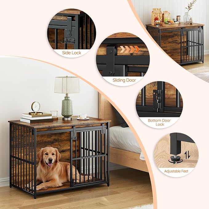 HOOBRO Dog Crate Furniture, 36.6" Heavy Duty Dog Kennel with Sliding Barn Door, Wooden Dog Cage Indoor, Decorative Side End Table for Small/Medium Dogs, Rustic Brown and Black FG162GW03G1