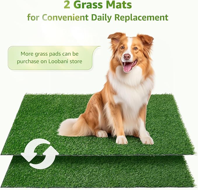 LOOBANI 45x29in Large Dog Grass Potty Tray - Dog Litter Box with 2-Pack Replacement Artificial Grass Puppy Training Pads - Potty Tray for Balcony Apartment Indoor Outdoor Use