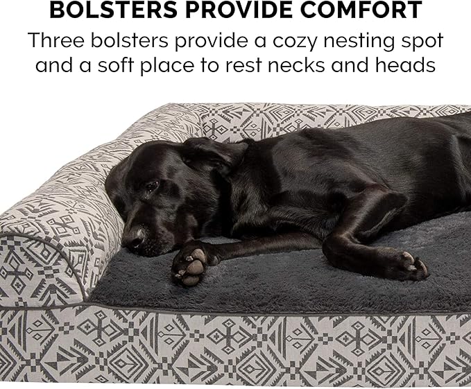 Furhaven Orthopedic Dog Bed for Large Dogs w/ Removable Bolsters & Washable Cover, For Dogs Up to 95 lbs - Plush & Southwest Kilim Woven Decor Sofa - Boulder Gray, Jumbo/XL