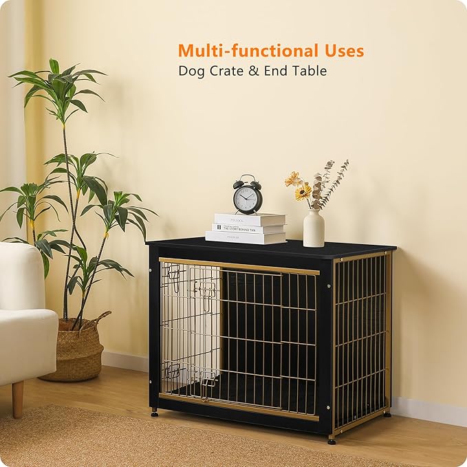 DWANTON Dog Crate Furniture with Cushion, Wooden Kennel Table with Double Doors, Indoor Dog House, Medium Size, 32.5" L, Black+Gold