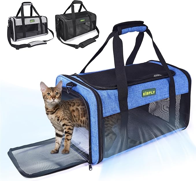 TSA Approved Pet Carrier in Cabin, 17"x11"x9.5" Soft Cat Carriers for Small Cats up to 12 lb, Top-Open Portable Dog Carrier with Litter Box and Anti-Scratch Mesh for Puppy up to 10 lb, Blue