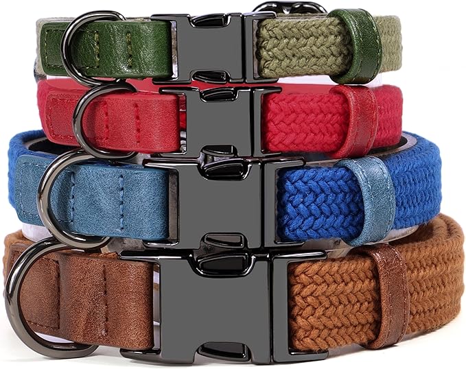 PET ARTIST Soft Cotton Dog Collars for Medium Dogs in Tranquil Blue, Simple Dog Collar with Quick Release Metal Buckle & D Ring, M Size (13-21")