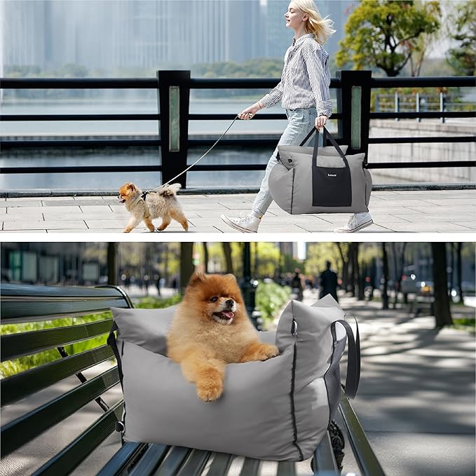 Lesure Small Dog Car Seat for Small Dogs - Soft Dog Booster Seat for Car with Storage Pocket and Clip-On Safety Leash and Thickened Memory Foam Filling, Pet Carseat Travel Carrier Bed, Grey