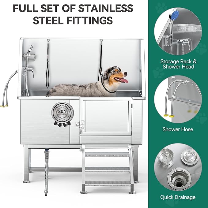 YITAHOME Professional Dog Bathtub 50in, Stainless Steel 304 Dog Bathing Station for Home, Pet Grooming Tub w/Right Stairs, Faucet, Floor Grate, Pet Washing Station for Large, Medium, Small Pets
