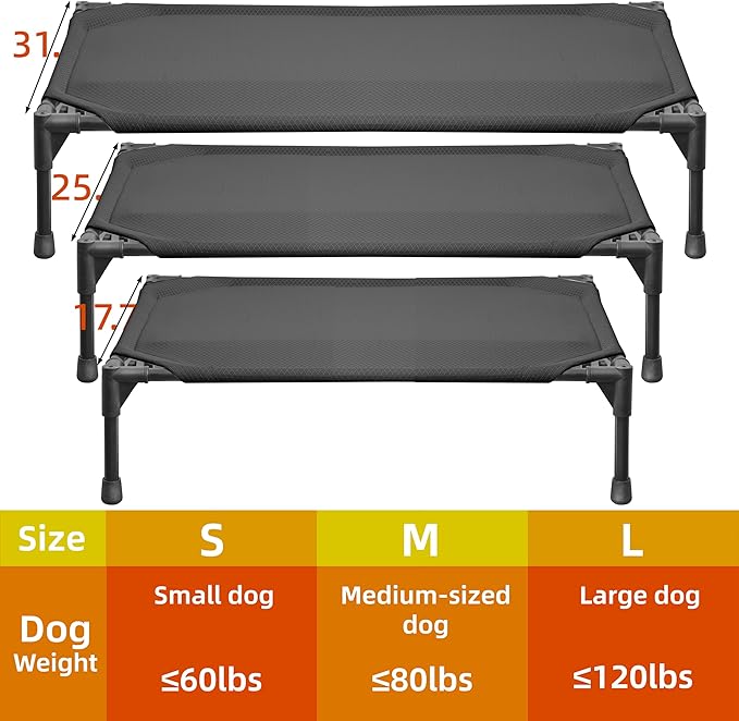 Soft Mesh Elevated Pet Bed for Large Medium Dogs Outdoor Resting Cot with Water-Resistant, Air-Permeable, Cooling and Anti-Skid Portable Dog Bed, Up to 60 lbs, 23.3“L x 17.6" W x 6.9" H, Black