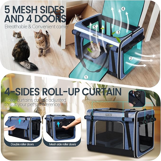 Petskd Extra Large Cat Carrier for 55LBS Pet Car Travel with Litter Box, 24"x17"x17" Soft Large Cats or Medium Dog Carrier with 5 Breathable Mesh Windows and Locking Zippers for Long Distance(Blue)