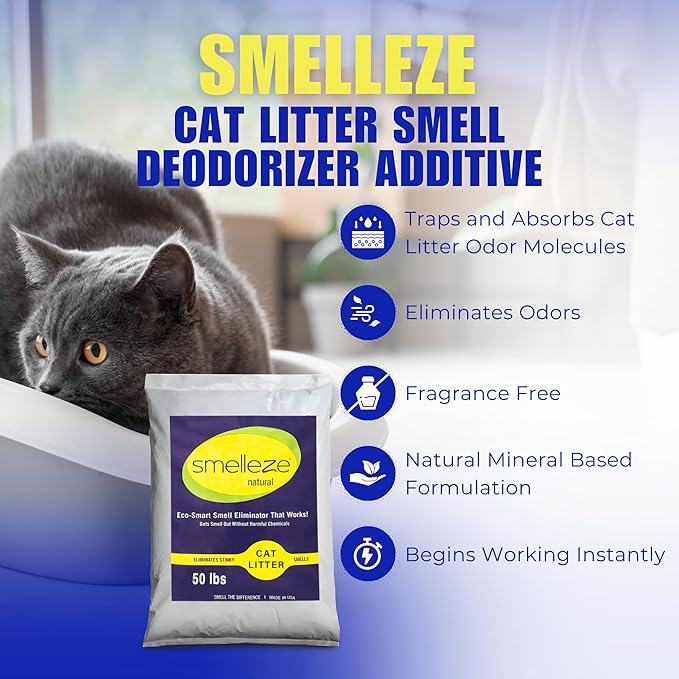 SMELLEZE Natural Cat Litter Smell Eliminator Deodorizer Additive: 50 lb. Rids Strong Urine & Poop Stench. Change Kitty Box Litter Less. Safe for Cats. Unscented