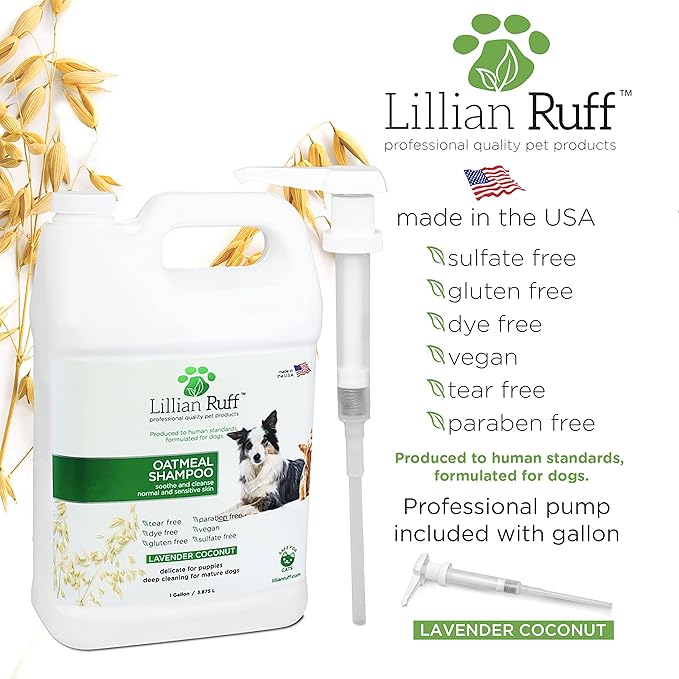 Lillian Ruff Calming Oatmeal Pet Shampoo for Dry Skin & Itch Relief with Aloe & Hydrating Essential Oils - Replenish Moisture & Deodorize -Gentle Dog Shampoo for Normal/Sensitive Skin (Gallon & Pump)