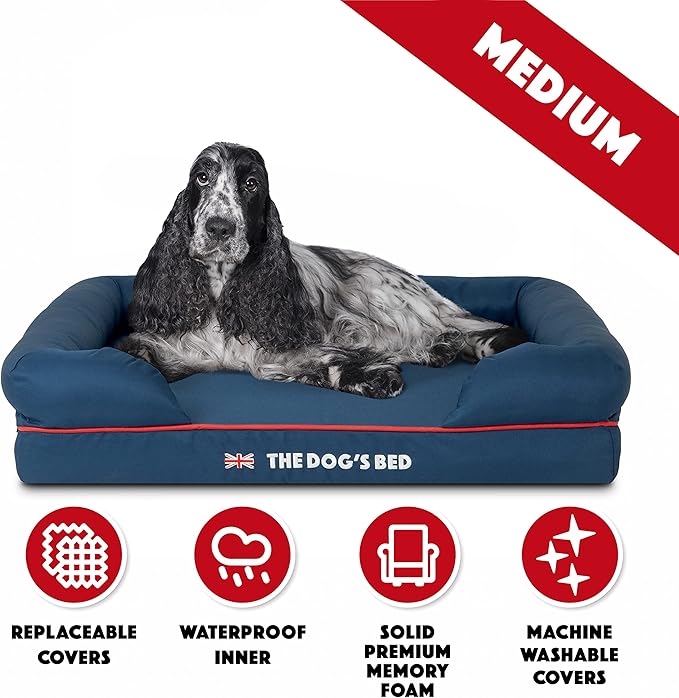 The Dog’s Bed Orthopedic Dog Bed Medium Blue Oxford with Red Trim UK Flag Dog Bed 30x23.5, Memory Foam, Pain Relief, Post Surgery, Lameness, Veterinary Approved, Waterproof Washable Cover Cover