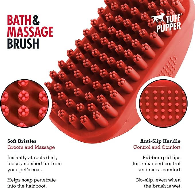 Tuff Pupper Dog Bath Brush, Silicone Pet Hair Remover Brush for Shampooing & Massaging Dogs, Dog Washing Brush with Soft Rubber Bristles Gently Removes Loose & Damaged Fur