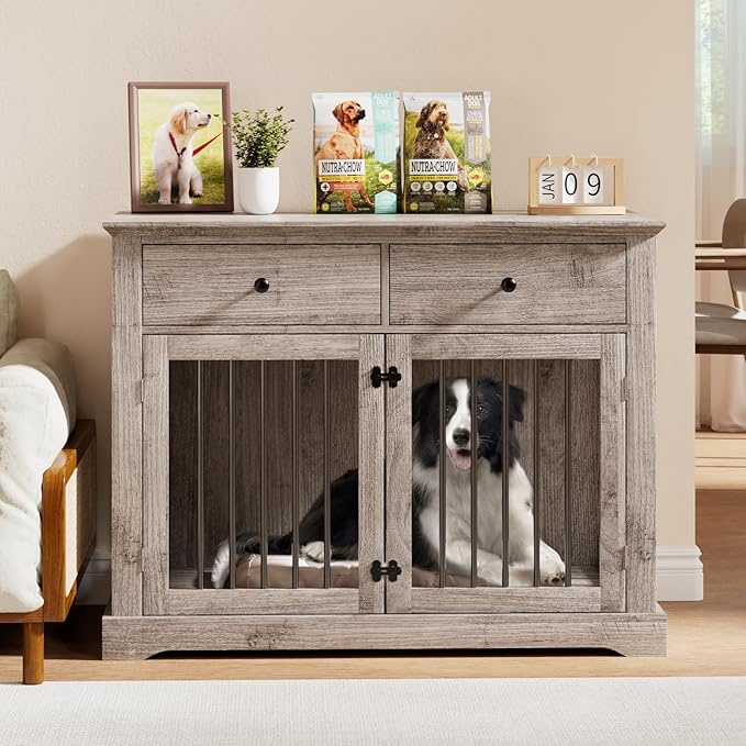 PUKAMI 44inch Dog Crate Furniture with Drawers,Wooden Dog Kennel Furniture for Large Breed,End Table Wood Dog House for Indoor use (Grey)