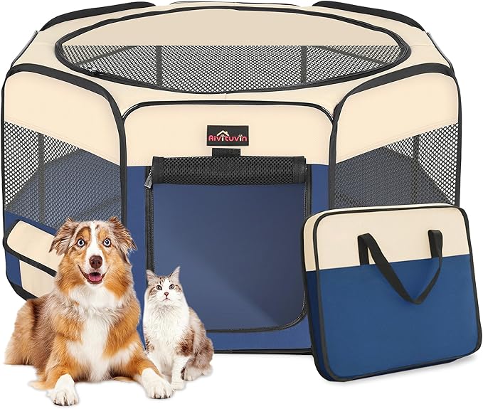 Aivituvin Dog Playpen, Foldable Pet Play Pens with Carrying Bag for Cat, Puppies, Rabbits, Portable Dog Tent Crates Cage for Travel Camping Indoor Outdoor, Removable Shade Cover, Blue S