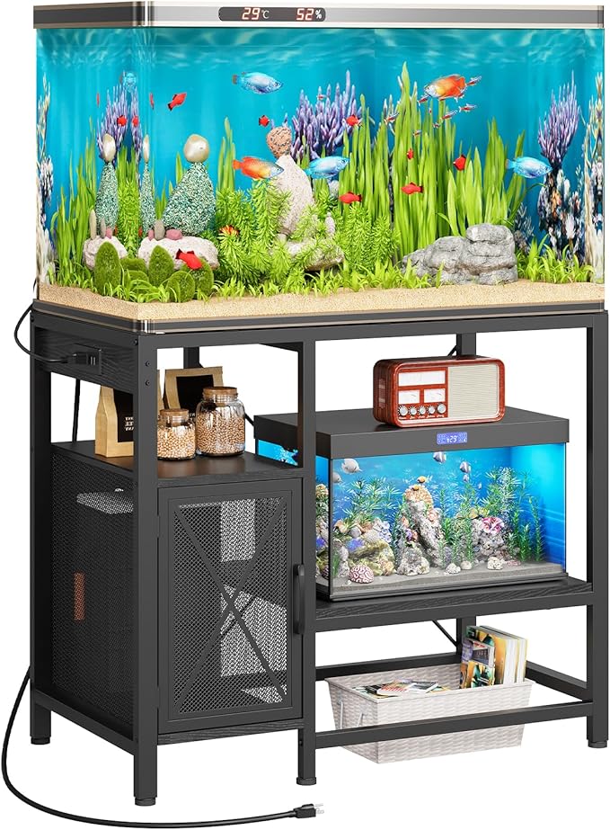 40-50 Gallon Fish Tank Stand, Aquarium Stand with Power Outlet and Storage Cabinet, Heavy Duty Tank Stand Suitable for Turtle Tank, Reptile Terrarium, for Home Office, Black FTBK50E01