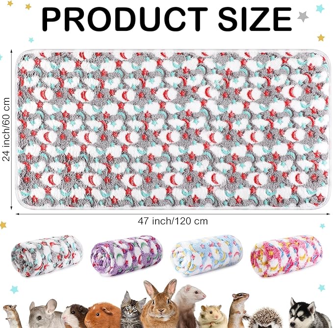 Reginary 4 Pcs Waterproof Guinea Pig Blankets Washable Small Animal Fleece Bedding Absorbent Guinea Pig Cage Liners Reusable Pet Pee Pad Sleep Mat for Hamster Ferret(Moon Star Pattern,24 x 47 Inch)