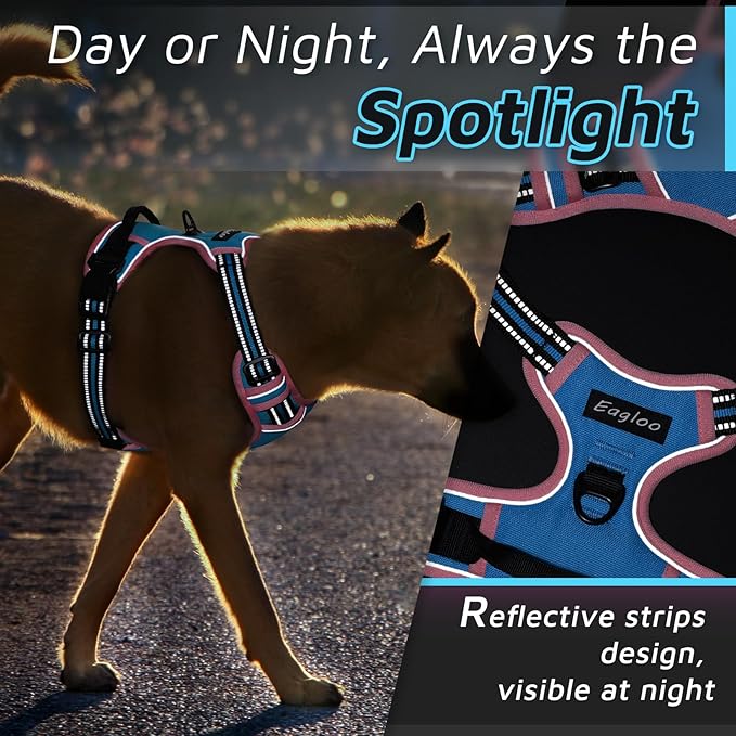 Eagloo Dog Harness for Large Dogs, No Pull Service Vest with Reflective Strips and Control Handle, Adjustable and Comfortable for Walking, No Choke Harness with 2 Metal Rings, Pink & Blue, M