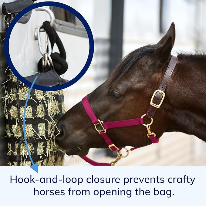 SmartEquine Slow Feed Hay Bag for Horses | Hay Feeder Net with Resistant Nylon | Gator Mouth Enclosure for Easy Loading | 2 Flakes Bag | 31" x 24.5" | Black | 2" Holes