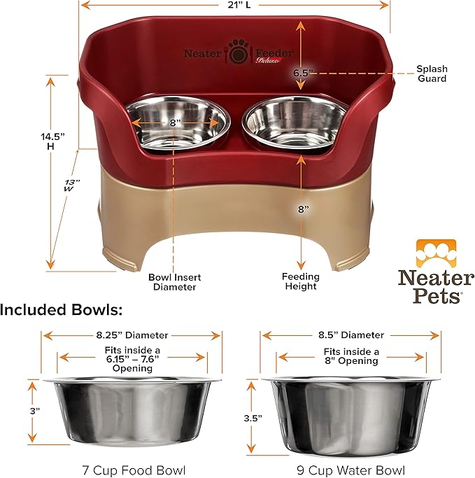 Neater Pet Brands Neater Feeder Deluxe Mess Proof Dog Bowls Elevated for Large Dogs Over 40 lbs, Made in USA, No Spill Raised Dog Food Bowl Stand Feeding Station, Food and Water Bowl Set, Cranberry