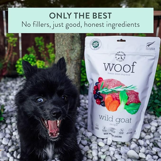 WOOF Wild Goat Freeze Dried Raw Dog Food, Mixer, or Topper, or Treat - High Protein, Natural, Limited Ingredient Recipe 9.9oz
