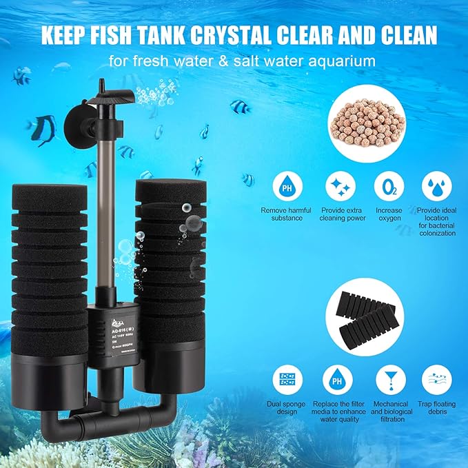 AQQA Aquarium Sponge Water Filter, Power Driven Double Biochemical Filter, Quiet Submersible Foam Filter with 2 Extra Sponges, 1 Bag of Filtered Ceramic Balls for Fresh and Salt Water Fish Tank (L)