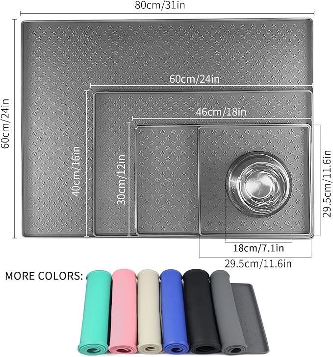 Ptlom Grey Pet Placemat for Dog and Cat, Waterproof Non-Slip Silicone Feeding Bowl Mat Prevent Food and Water Overflow, Puppy Dish Feeder Fountain Trays Suitable for Medium and Small Pets