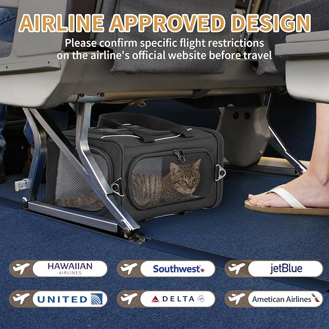 ‌Petsfit Airline Approved Pet Carrier for Small Cats, 16.5x8.6x11 TSA Approved Carrier, with Removable Dual-Sided Padding (2-Way Placement) - Fits Under Most Airplane Seats, Escape Proof (Black)