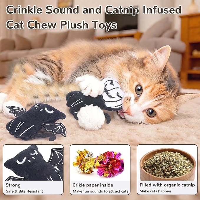 Retro Shaw 4Pcs Cat Toys, Horror Catnip Crinkly Sound Kitten Toys, Interactive Indoor Cat Chew Kitty Kicker Toy for All Breeds 3.7 Inches