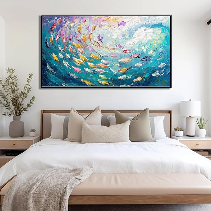 Fish Canvas Wall Art, Abstract School of Fish Canvas Wall Art, School of Fish Painting Canvas, School of Fish Wall Art, Fish Wall Decor, Fish Pictures Wall Decor, Bedroom Canvas Wall Decor (Gold Framed, 59"x33" | 150x84cm)