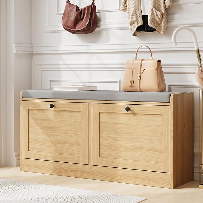 MHOM Oak Modern Entryway Bench with 2 Flip Drawers, Shoe Rack with Padded Seat Cushion, Wooden Storage Bench for Bedroom and Apartment