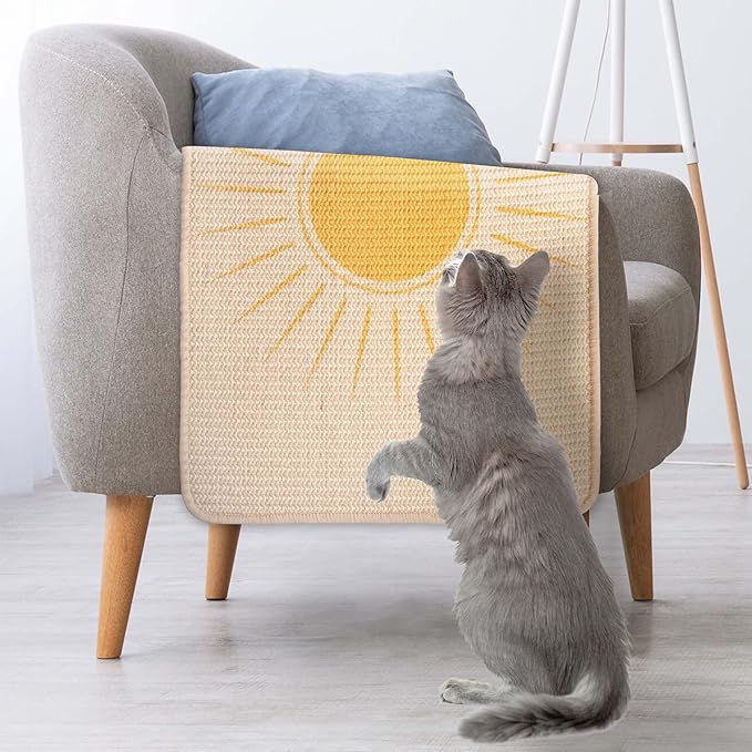 Sisal Scratcher, [+ Catnip Fish Toy], Cat Wall Scratcher, Couch Protector from Cat Scratching, Scratching Mat- 24 X 15.8 with 12 Adhesive Stripes. (The Sun)