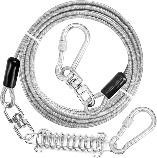 Jenico Dog Tie Out Cable, 10-150FT Runner Cable with Swivel Hook and Shock Spring, Yard and Camping Dog Leash Tether for Small to Medium Pets Up to 500 LBS