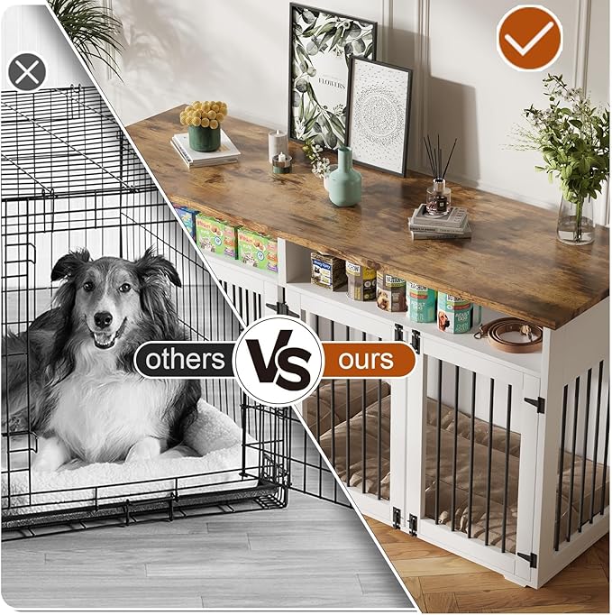63'' Dog Crate Furniture for 2 Dogs, Wooden Dog Cage with Storage Compartment, Indoor Dog Kennel with 4 Doors for Large/Medium Dogs, White