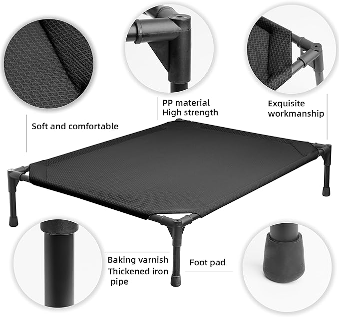 Soft Mesh Elevated Pet Bed for Large Medium Dogs Outdoor Resting Cot with Water-Resistant, Air-Permeable, Cooling and Anti-Skid Portable Dog Bed, Up to 60 lbs, 23.3“L x 17.6" W x 6.9" H, Black
