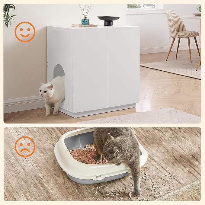 unipaws Tall Cat Litter Box Enclosure with Shelves, Hidden Litter Box Cover for Tall or Top Entry Litter Box, Kitty Enclosed Litter Box Cabinet, Cat Box Furniture， White