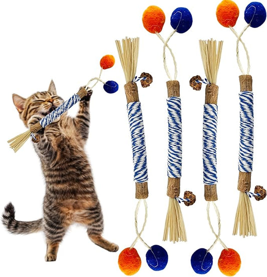 Catnip 4PCS Chew Stick with Wrapped Cotton Rope – Natural Dental Care Cat Toy for Teeth Cleaning & Gum Health, Satisfies Chewing Instincts, Safe & Long-Lasting Kitten Teething Toy