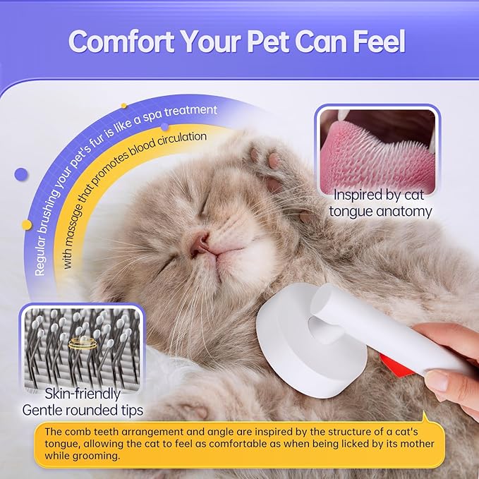 Cat Brush for Shedding with One-Click Button, Pet Comb for Indoor Cats, Suitable for Long or Short Haired Cats, Small and Medium Dogs, Grooming for Puppy Kitten Massage Removes Loose Fur