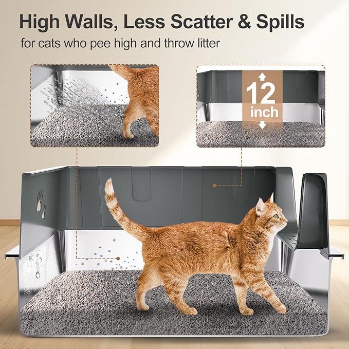 Sousia 2 Packs XL Stainless Steel Cat Litter Box with Lid High Sides, Extra Large Metal Litter Box, Non-Sticky Anti-Leakage Easy Cleaning for Large & Multiple Cats,Scoop Included
