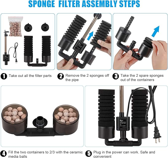 AQQA Aquarium Sponge Water Filter, Power Driven Double Biochemical Filter, Quiet Submersible Foam Filter with 2 Extra Sponges, 1 Bag of Filtered Ceramic Balls for Fresh and Salt Water Fish Tank (L)