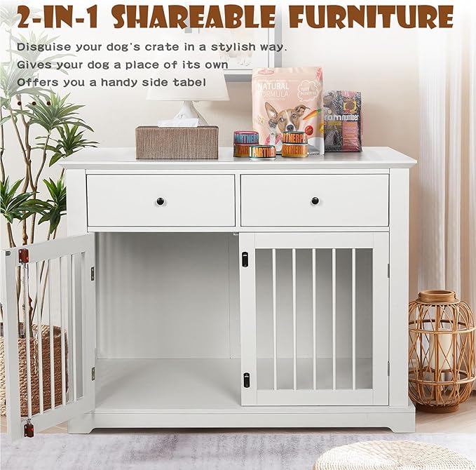 LEMBERI 44 Inch Large Dog Crate Furniture, Wooden Dog Kennel End Table with Storage Drawers, Decorative Pet Cage Dog House Indoor for Dogs