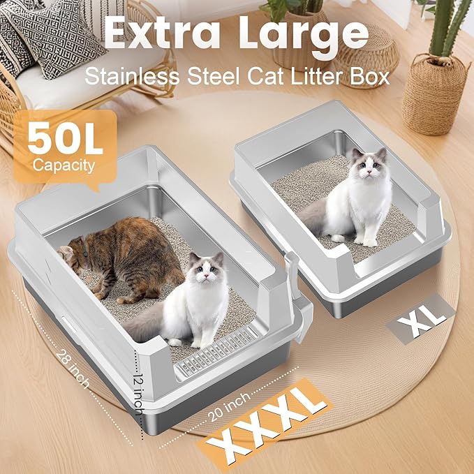 XXXL Stainless Steel Litter Box,Extra Large 28" L x 20" W Metal Litter Box for Big Cats & Multiple Cats with High Sided, Anti-Urine Leakage, Non-Sticky, Easy Cleaning, Include Scoop(White