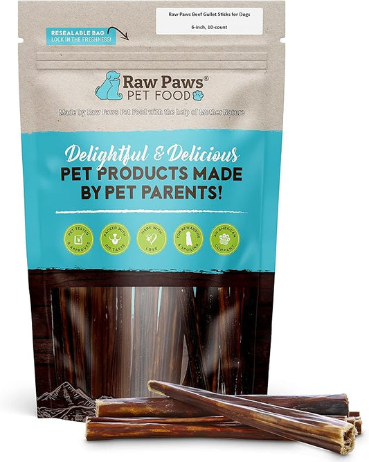 Raw Paws Beef Gullet Sticks for Dogs, 6-inch (10 Pack) - Free-Range Cows Raised Without Antibiotics or Added Hormones - Gullet Sticks for Small to Large Dogs - Beef Esophagus Dog Treats