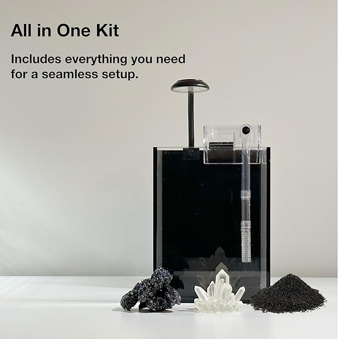 Nano Aquarium Kit,1.5 Gallon Rimless Small Glass Tank with Filter, Aquarium Light, and Aquascaping Decorations, for Home and Office (Black Tank - White Crystal, Small)