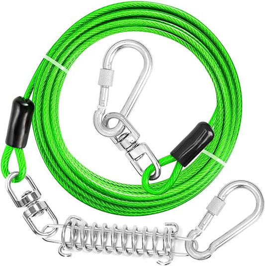 jenico Dog Tie Out Cable, 10/15/20/30/40/50/70/100/150FT Runner Cable with Swivel Hook and Shock Spring, Dog Leash Run Tether for Yard Outdoor and Camping,for Small to Medium Pets Up to 500 LBS
